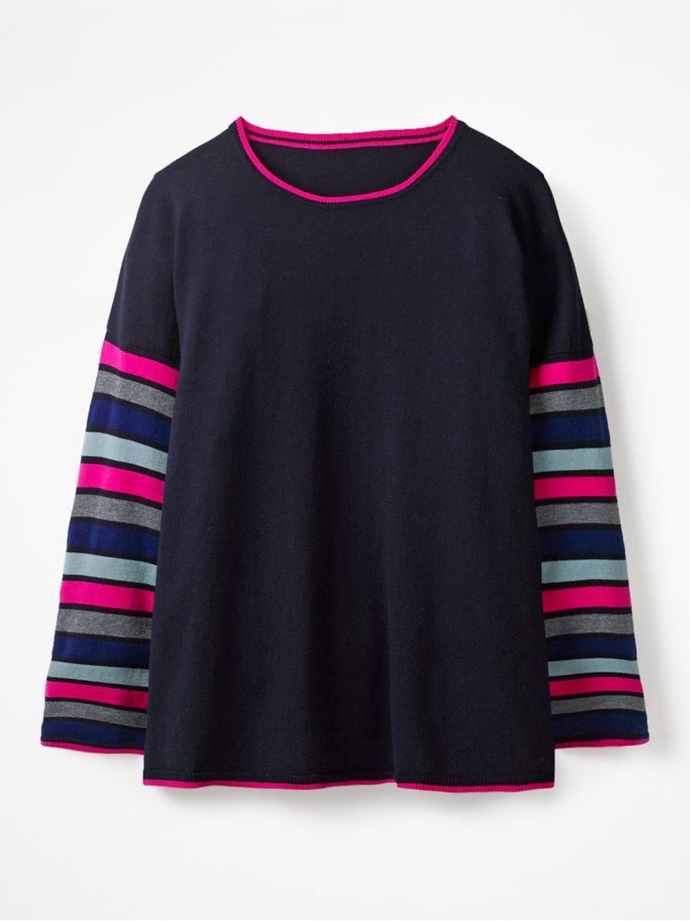 Boden Berwick Navy Color Block Stripe Sleeve Wool Cotton Knit Jumper Sweater M
